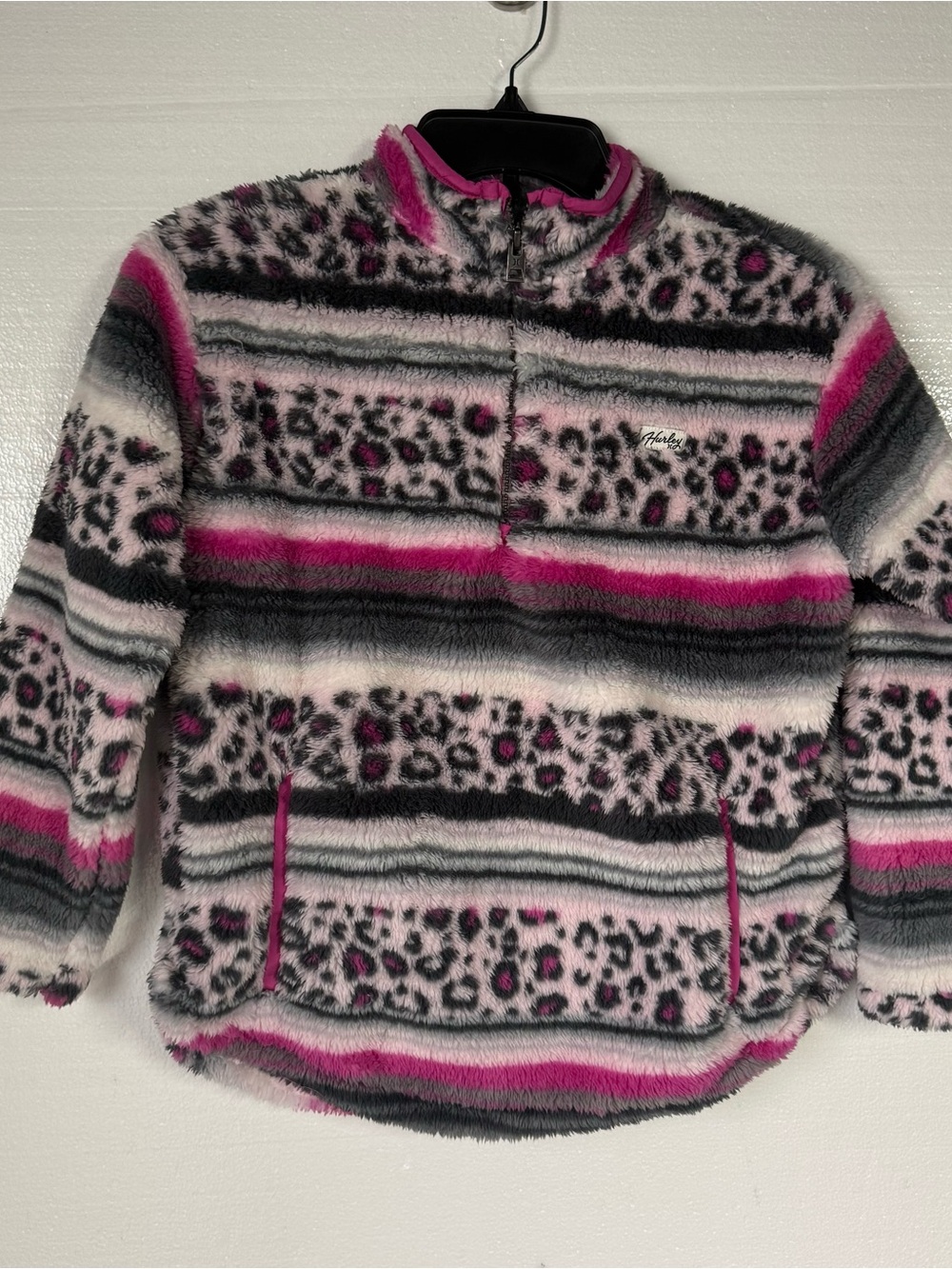 Hurley Sweater Girls L 10/12 Fuzzy Sherpa Leopard Quarter Zip Pullover Colorful